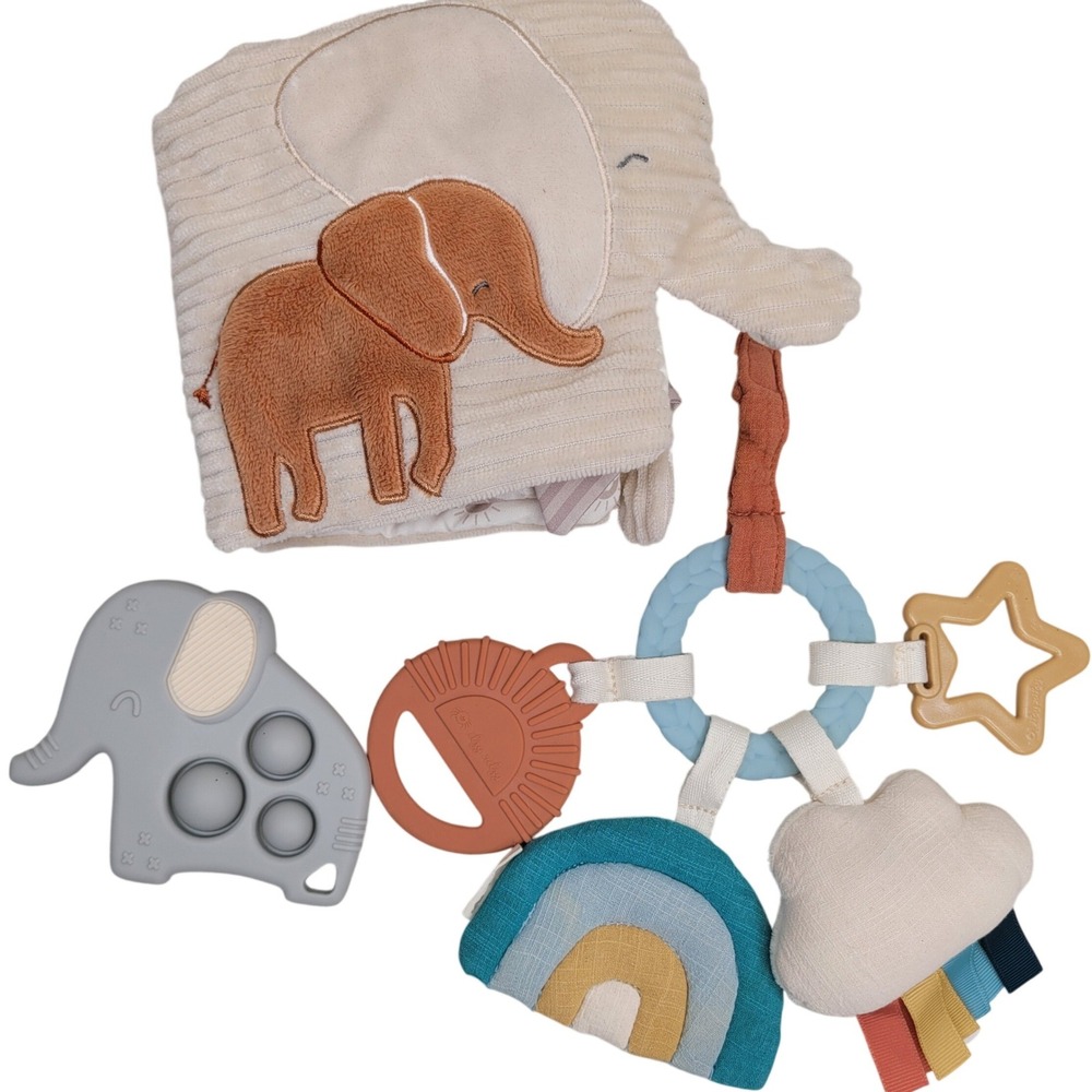 Itzy Ritzy Baby Sensory Toy Set Elephant Soft Plush Book‎ Rainbow Popper Bundle